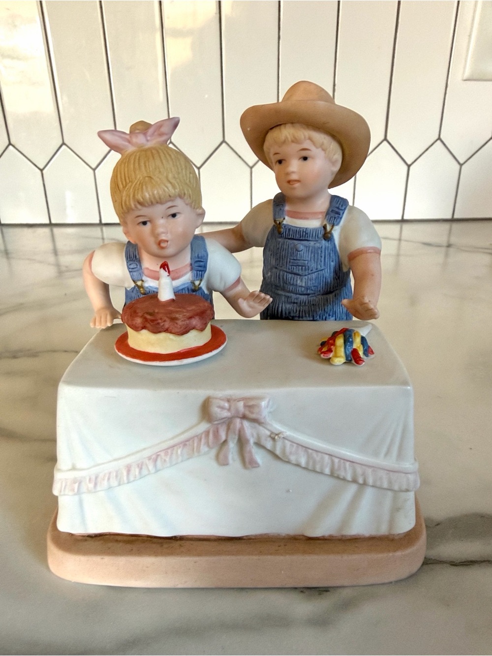 Vintage 1985 Homco Denim Days #1520 Boy & Girl with Birthday Cake